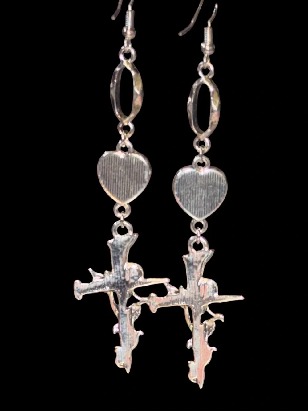 Handmade Silver-Tone Black Heart Cross Drop Earrings